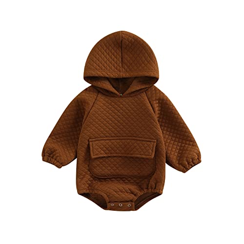 Image of xiqaalombvt Infant Baby Girl Boy Winter Clothes Hoodie Pullover Sweatshirt Romper Solid Long Sleeve Onesie Fall Outfit (Solid Brown-Warm, 6-12 Months) (220826WIN)