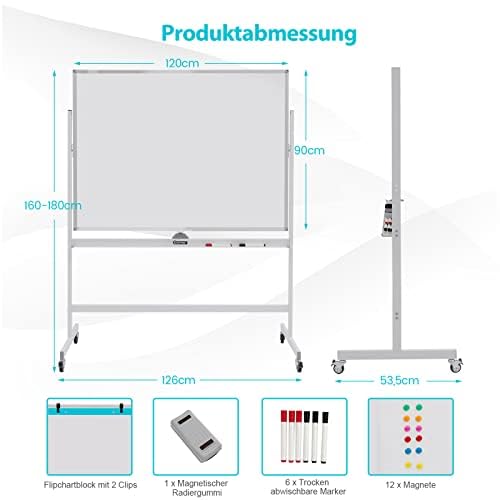FANTASK Pizarra blanca móvil de doble cara, 120 x 90 cm, altura ajustable, magnética, con ruedas y soporte - imagen 2