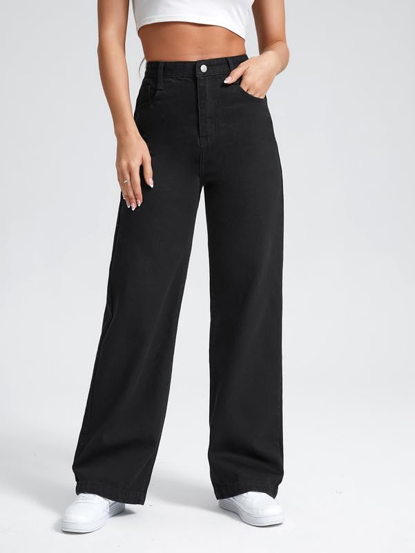 Image of DEELMO Women's High Waist Wide Leg Denim Jeans for Women | Straight Fit Full Length Casual Wear Pants