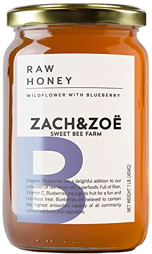 Unfiltered Raw Honey by Zach & Zoe Sweet Bee Farm â€“ Pure Farm Raised Honey Packed with Powerful Anti-oxidants, Amino Acids, Enzymes, and Vitamins! (Blueberry- 16oz)