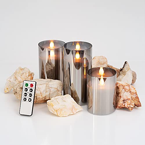WYZworks Silver Gray Metallic LED Tinted Glass Mirrored Flickering Flameless Pillar Candles, Set of 3 w/Remote Control, Timer, Realistic Flicker/Static Mode, Battery Operated, Adjustable Brightness by WYZworks - Used condition - Image 2