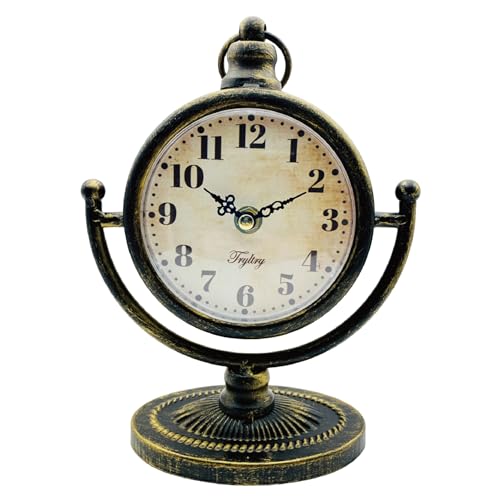 Vintage Black Gold Metal Table Clock，Battery Operated Decorative Silent Non-Ticking，Table Desk Shelf Clocks for Living Room Decor-Black Gold