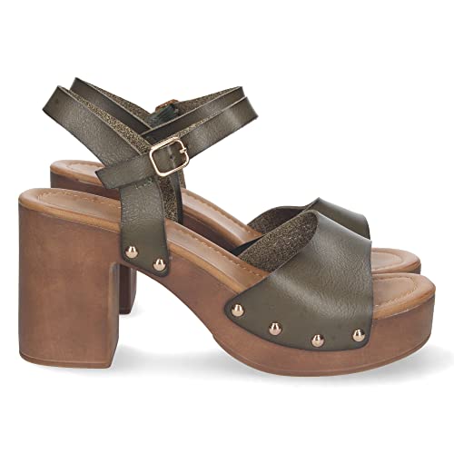 shoes&blues.es 72487 Sandalia de Tacon para Mujer, Comoda, Plataforma de Imitacion a Madera, Palas Simple con Remaches, Talon Abierto, y Cierre de Hebilla Verde Talla 40