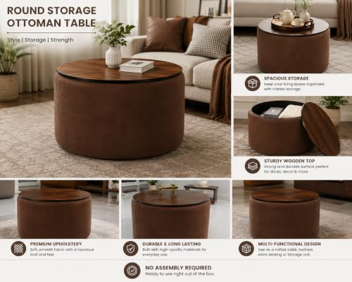 Image of Elegent Round Coffee Table with Wooden Top, Storage Ottoman Tables for Living Room, Centre Tables, Tea Tables, Farmhouse, Wood Drum Coffee Table (Brown)