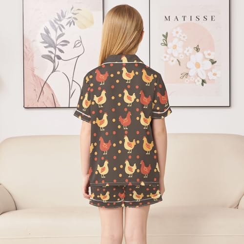 Cartoon Hen Pattern Summer Satin Pajama Set, Cute Button-Down Sleepwear Pj Set for Sleep Wears4
