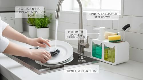 Image of Kitchen Sink Soap Dispenser Set - Dual Pump for Hand & Dish Soap, Sponge & Brush Holder, Refillable Sink Organizer (White)