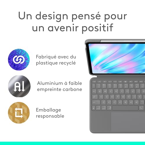 Logitech Combo Touch, étui clavier pour iPad Air 11 pouces (M2 et M3), iPad Air (5e génération)- Clavier rétroéclairé amovible avec support, Clavier Français AZERTY - Gris