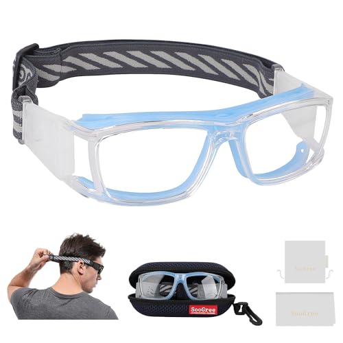SooGree Men Women Basketball Football Goggles Racquetball Safety Training Goggles Anti Shock Collision Glasses Lens Replaceable (Clear Frame Blue Nose Pads)