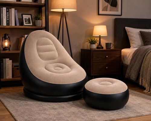Image of Inflatable Air Sofa Chair with Ottoman & Automatic Electric Pump, Portable Flocked Blow Up Lounge Chair for Living Room, Bedroom, Camping & Outdoor Use (Beige)