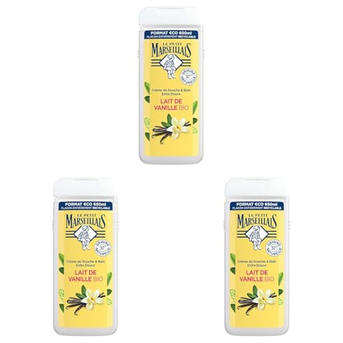 Le Petit Marseillais | Crème de Douche Extra Douce Lait de Vanille Bio (flacon de 650 ml) – Gel douche avec 92% d'ingrédients d'origine naturelle – pH neutre pour la peau et sans colorant (Lot de 3)