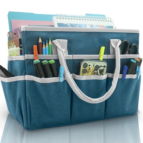 Image of Cupohus Art Organizer Craft Storage Tote Bag with Pockets and Handles, Oxford Fabric Carrying Caddy for Teacher, Officer, Artist, Traveler, and more -Dark Green