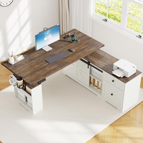 63" Farmhouse Electric Standing Desk Adjustable Height Sit Stand Corner Stand Desks, L Shaped Standing Computer Desk with Power Outlets & Storage Drawers & Sliding Door for Home Office, White - Thumbnail 3