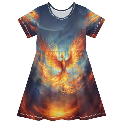 ALAZA Fire Phoenix Girls Dress Short Sleeve Toddler Casual Dresses Summer Sundress 2-8T
