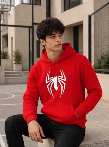 Image of More & More HOODMASTER Men's Cotton Hoodie Sweatshirt with Full Sleeves Regular Fit Solid Pattern Spider Printed Theme Hooded Neck and Standard Length | Cotton Hoodie Sweatshirt for Men