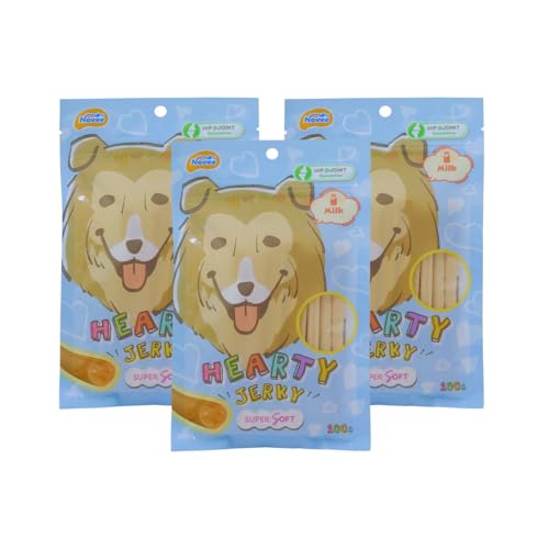 Image of Novee Hearty Jerky Milk Flavour Dog Treats, Calcium-Rich Soft Snacks, Supports Strong Bones & Teeth, Gentle on Stomach, Ideal for All Dog Breeds & Ages,100g x 3