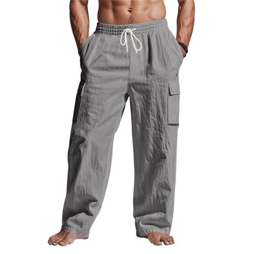 Linen Pants Men Drawstring Waist Mencomfy Cargo Pants Relaxed Fit Beach Vacation Yoga Lounge Pants with Pockets