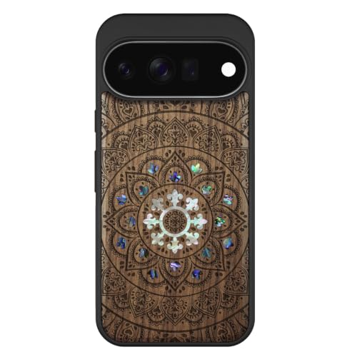 Étui magnétique Pixel 11 en bois de noyer mandalas compatible MagSafe avec incrustation