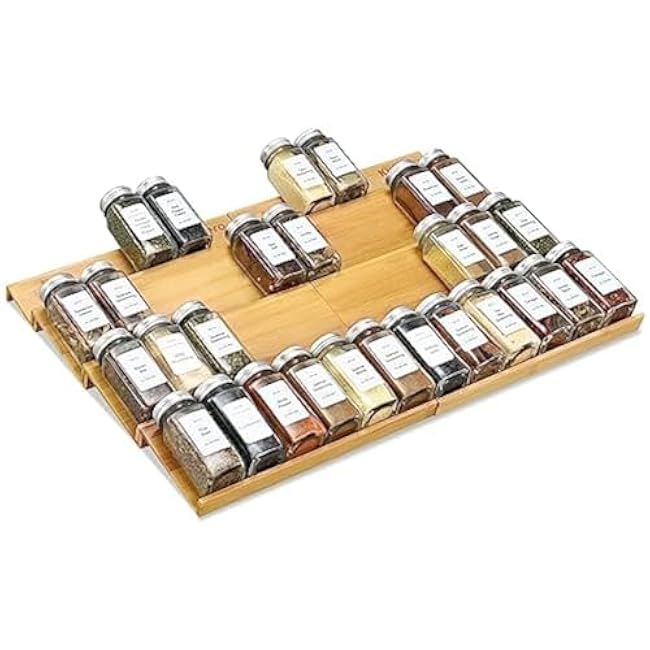 Spice Drawer Organzier,4 Tiers- 8Pcs Bamboo Spice Rack Tray Insert for Cabinet Drawer Countertop, Kitchen Seasoning Storage Drawer Organization,22 Wide x 15.8 Deep £¨Hold UP To 48 Jars