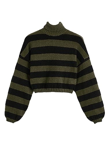 Image of WDIRARA Women's Striped Pattern Turtleneck Long Lantern Bishop Sleeve Stretchy Knitted Sweater