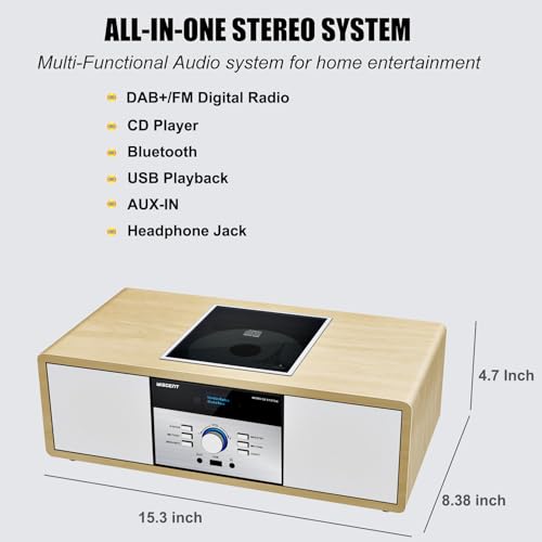 DAB Radio mit CD Player, Vintage-HiFi-Musiksystem aus Holz mit Bluetooth, DAB+, UKW-Radio, AUX- und USB-Eingang, Fernbedienung, Kompaktradio und Stereoanlage