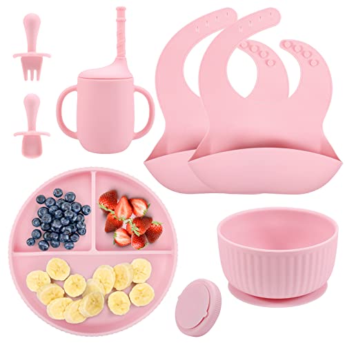 Image of Silicone Baby Feeding Set, 2 adjustable bibs with food collectors, 1 suction cup divider, 1 suction cup, 1 sippy cup,1 stage 1 spoon and 1 fork, Baby Led Weaning Utensils,Toddler Self Feeding Set