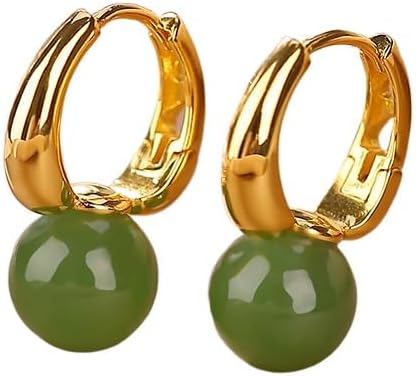 14K Gold White Jade and Green Jade Round Bead Earrings For Women, Unique Gift for Friends On Christmas