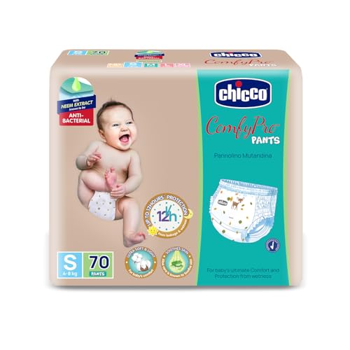 Image of Chicco Comfy-Pro Pant Style Baby Diapers | Anti-bacterial benefits | Ultra Soft & 12hrs protection | Wetness indicator & Disposing Tapes - Small, 70 Count, 4-8 Kg