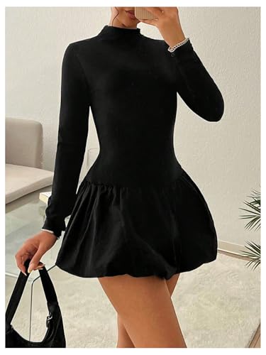 GORGLITTER Women's Long Sleeve Bubble Mini Dresses Y2k Mock Neck Short Dress Going Out Dress3