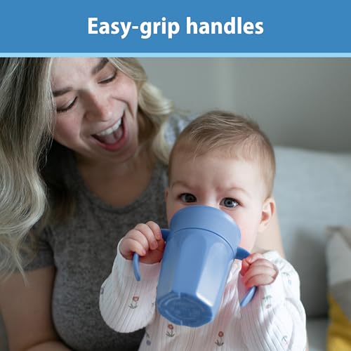 Dr. Brown's Milestones Cheers 360 Spoutless Transition Cup with Handles, Travel Friendly and Leak Free Sippy for Babies and Toddlers, Blue, BPA-Free, 7 oz/200 mL, 6m+