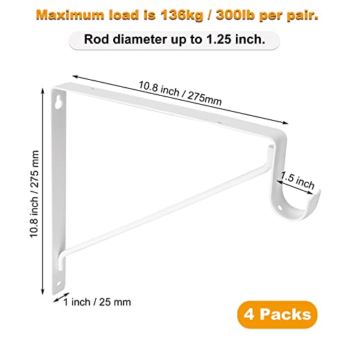 4 Pack Heavy Duty Closet Rod Brackets Holder 10.8 X 10.8 X 1 Inch, White Closet Rod Shelf Support Hooks Wall Mounted Shelf And Rod Support Brackets With Screws (275 X 275 X 25Mm - D X H X W) #TOP1