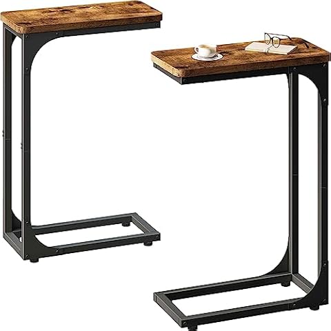 QEEIG Narrow C Shaped Side Table Set of 2 Living Room Sets Slim Couch Tray Tables Skinny Thin Small Farmhouse 7 inch Width, Rustic Brown (017-18BN) Cover