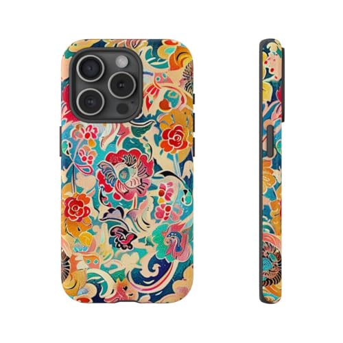 Coque rigide iPhone 15 Pro motif floral bleu finition vernie chic