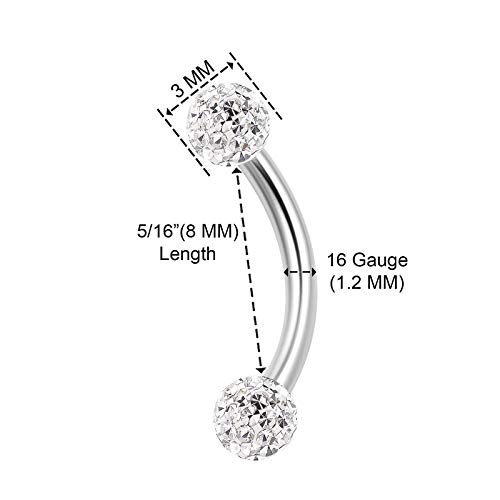 2PCS Surgical Steel Curved Barbell Ring 16g 5/16 8mm 3mm Crystal Ball Helix Earrings Eyebrow Piercing Jewelry Choose Colors (2pcs 8mm Clear)2