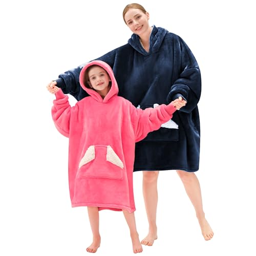 Touchat Wearable Blanket Hoodie, Oversized Sherpa Blanket Sweatshirt with Hood Pocket and Sleeves, Super Soft Warm Comfy Plush Hooded Blanket for Adult Women Men, One Size Fits All (NavyBlue)
