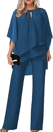 Chiffon V-Neck 2 Pieces Pantsuits with Ruffles & Shawl