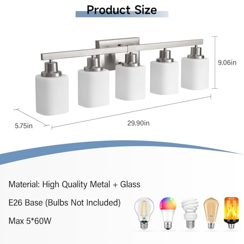 Image of 5-Light Bathroom Vanity Light,Brushed Nickel Vanity Lights with Square Frosted Glass,Modern Bathroom Wall Lights Fixtures Over Mirror,Wall Sconces Lighting for Bedroom Living Room,E26