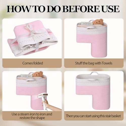 Image of Stair Basket for Wooden & Carpeted Stairs, Foldable Cotton Rope Step Basket with Handles, Staircase Storage Organizer, Pink, 15 inch Lx 10 inch W x 15 inch H