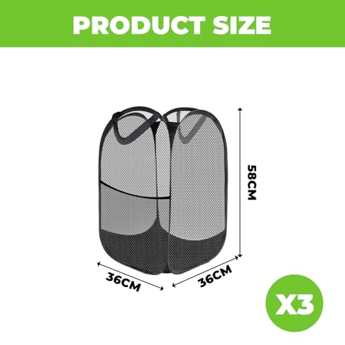 3 Stück Pop Up Faltbare Wäschekörbe, Pop Up Wäschekorb, Wäschekorb Klappbar aus Netzmaterial, Faltbarer Laundry Basket Mesh, 36 x 36 x 58 cm, Geeignet für Badezimmer und Camping, Schwarz