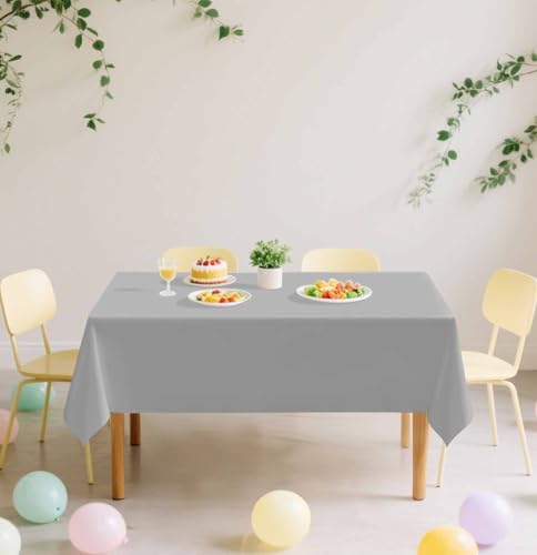 Image of SietDESEO 2 Pack Silver Plastic Tablecloth Rectangle 54 x 108 Premium Disposable Table Cloth Plastic Table Cover for Wedding Baby Shower Party Supplies Silver Tablecloth Disposable