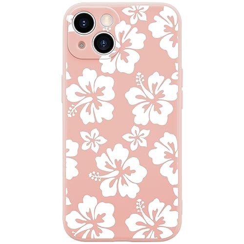 Wihytec Hibiscus Floral Phone Case for iPhone 13 White Hibiscus Flower Case Cover Liquid Silicone Soft Gel Rubber Anti-Scratch Girly Women Pink Phone Cover w/Microfiber Lining