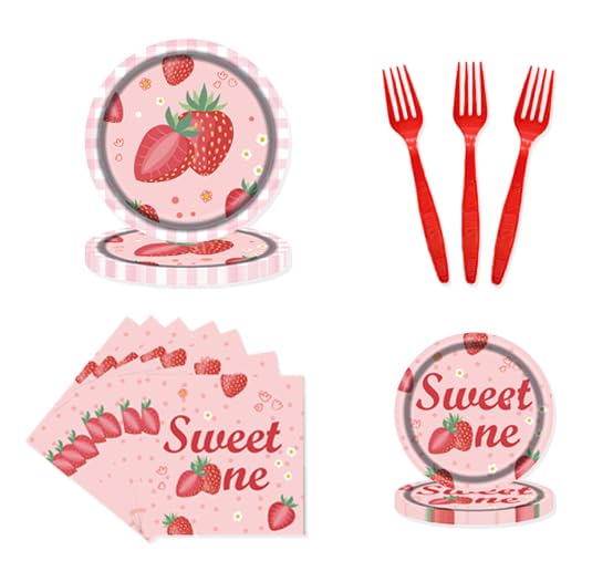 96PCS Strawberry Party Supplies - Birthday Paper Plates and Napkins, Strawberry 1st Birthday Decorations for Kids, Girls, and Baby Showers, Spring and