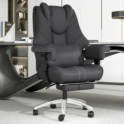 600lbs Big and Tall Office Chair,Leather Executive Office Chair with Foot Rest for Heavy People,Wide Ergonomic Comfy High-Back Reclining Computer Chair, Swivel Rolling Wheels and Padded Lumbar Support