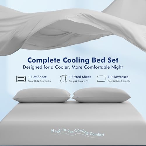 Image of Elegear Full Cooling Sheets for Hot Sleepers, Silver Infused Arc-Chill 3.0 Bed Sheet Set, Q-Max 0.5 Silky Soft Breathable Cool Bedding Set for Night Sweats, 18 inch Deep Pocket, 4 Pieces, Gray