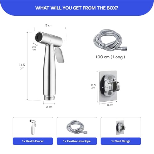 Image of Amazon Basics Premium SS 304 Stainless Steel Health Faucet Set Chrome Finish | Jet Spray Gun with Hose Pipe and Holder for Toilet | Bathroom Bidet Sprayer Kit