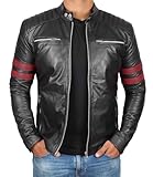 Blingsoul Black Mens Leather Jacket | [1101474] Red Strip 2 Side Zip - L