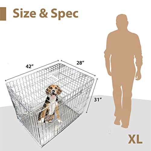 Ellie-Bo Hundekäfig, für kleine bis große Hunde, zusammenklappbar, Metall-Bodenschale lässt sich herausnehmen, aber nicht zerbeißen, 2 silberfarbene Türen, sehr groß mit ca. 107 cm, silbern