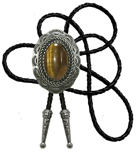 Image of Moranse Bolo Tie with Natural Tiger Eye Stone Celtic Style Genuine and Cowhide Rope