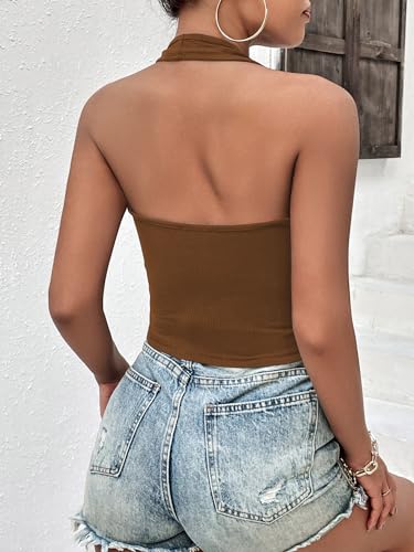 Image of Ekouaer Women Halter Top Backless Scroop Neck Slim Stretchy Ribbed Knit Camisole Crop Tops S-XXL