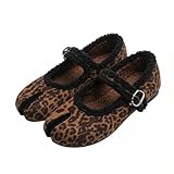 Fuzzy Tabi Mary Jane Ballet Shoes for Women Adjustable Buckle Strap Fleece Lined Warm Comfortable Fall Winter Office Brunch Casual Daily (Leopard Print,7)