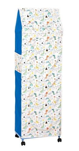 Image of SUBEKYU Kids Plastic Wardrobe Rack with Removable Cover, Baby Clothes Organizer & Storage Cabinet, Plastic Office Rack, White, Dinosaur